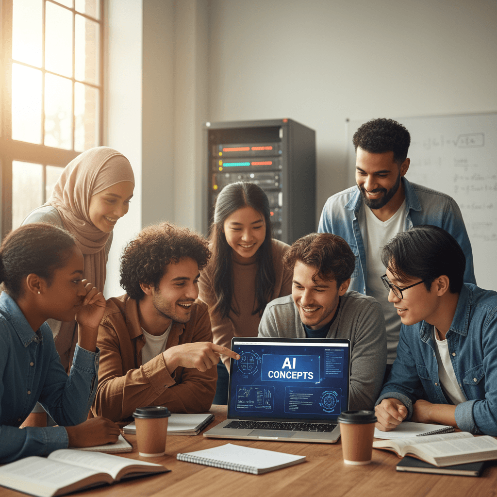 Youth participants collaborating on AI learning project