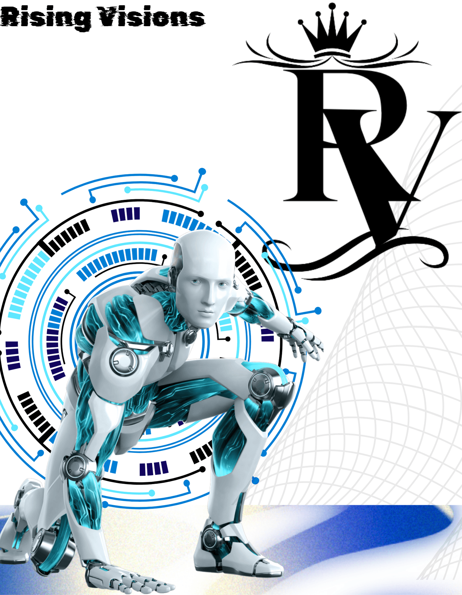 Crouching white robot before a digital interface, crowned RV logo, and Rising Visions text.